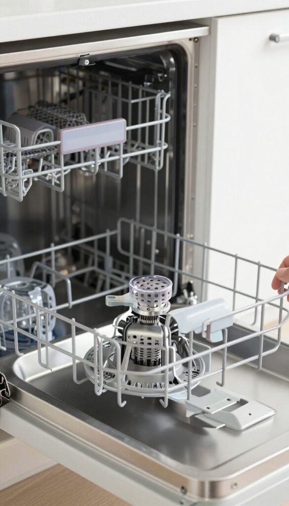 Hand holding a clean dishwasher spray arm with clear nozzle holes, inside a modern kitchen.