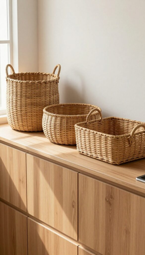 Woven baskets in different sizes on top of kitchen cabinets, adding texture and warmth.