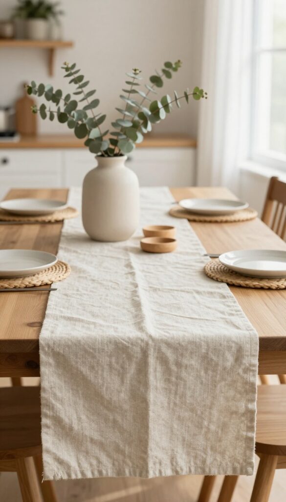 Kitchen dining table with a linen runner, ceramic vase, and wooden coasters in natural light