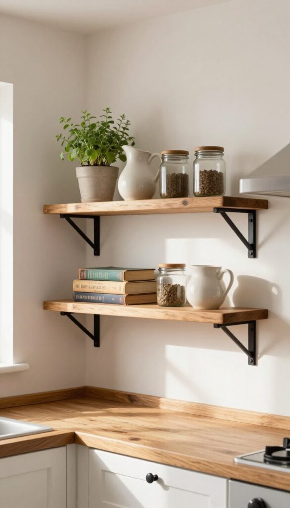 Open corner shelving in a small farmhouse kitchen with reclaimed wood shelves, black brackets, herbs, cookbooks, and vintage jars.