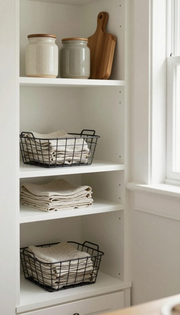 Under-shelf wire baskets on a corner shelf holding napkins and tea towels in a warm kitchen