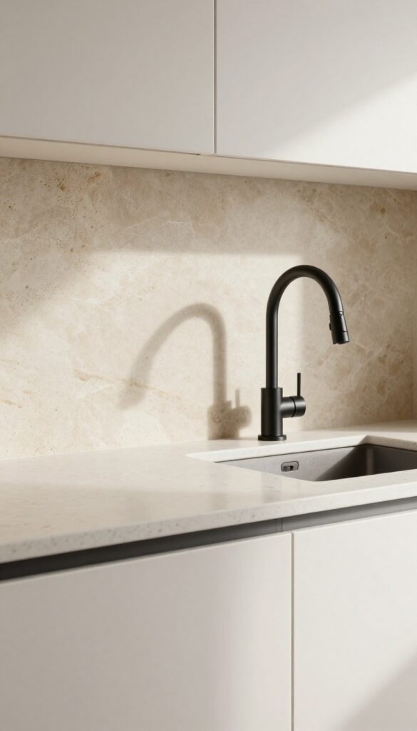 White quartz countertop with warm beige stacked stone backsplash in a bright kitchen