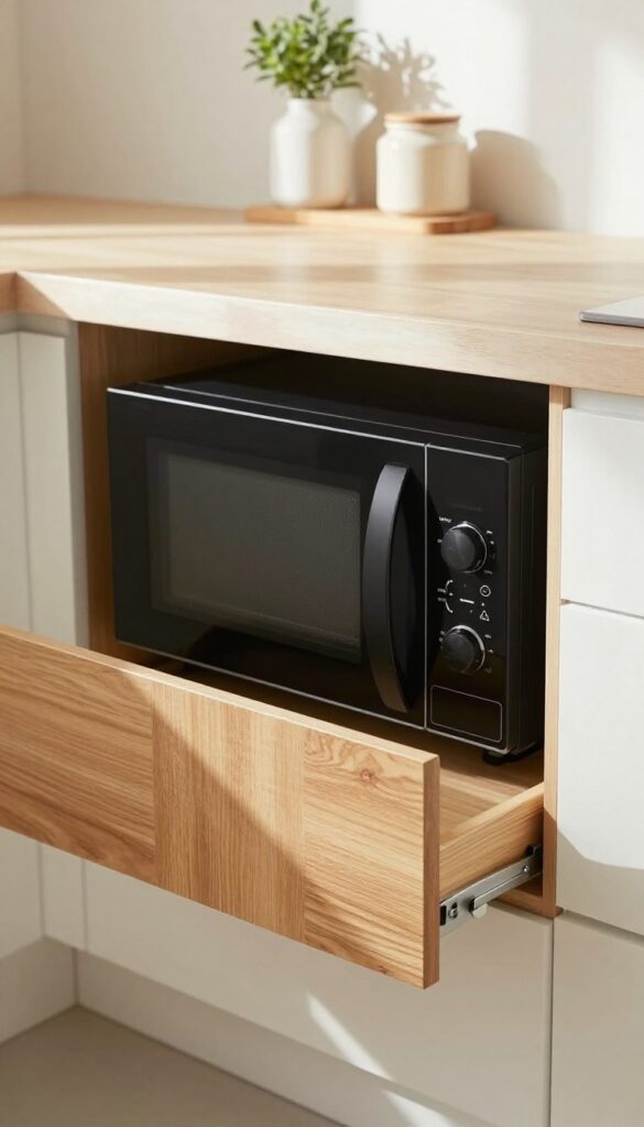 Pull-out microwave drawer in a base cabinet, warm wood front, white shaker cabinets, natural light, clean and inviting kitchen