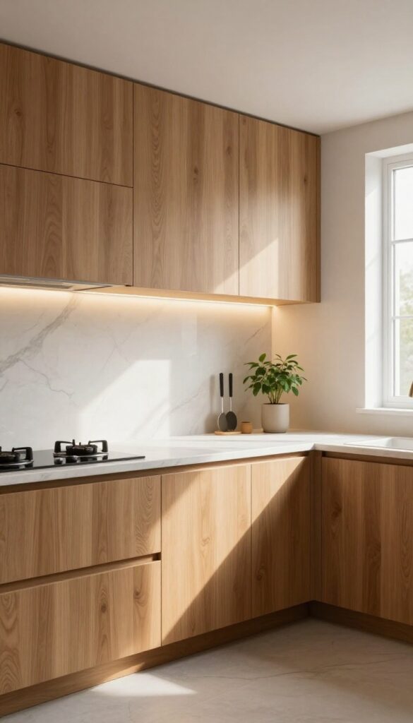 Under-cabinet LED strips emitting a warm amber glow in a modern kitchen with wood cabinets and marble countertop.