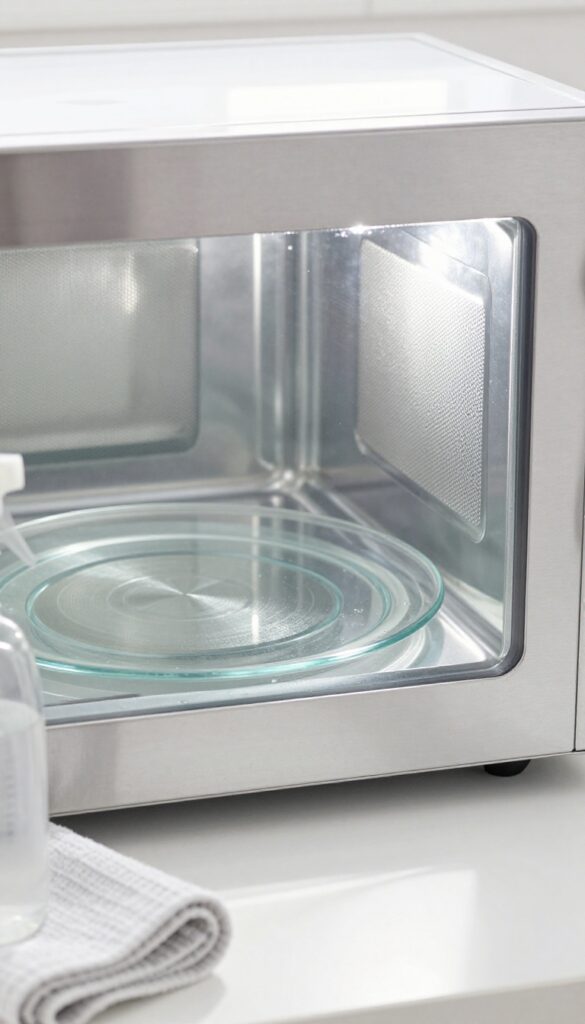 A spray bottle and cloth next to a sparkling clean microwave interior