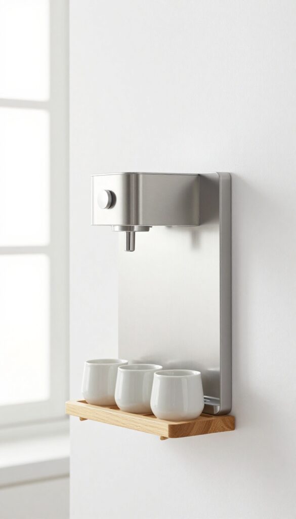Wall-mounted water dispenser and cup rack in a modern kitchen