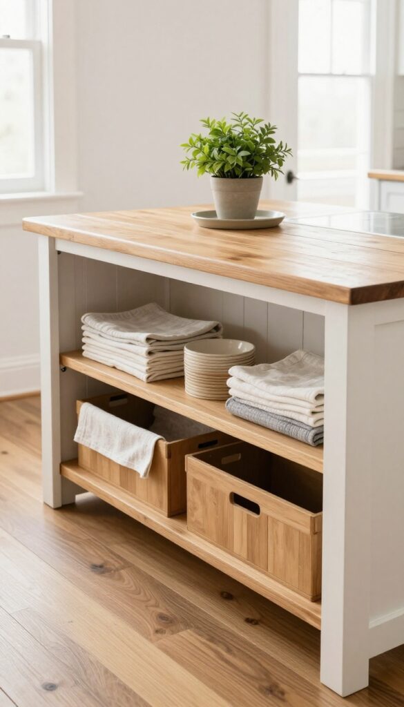 Kitchen island with a storage bench that has a lift-up seat revealing hidden storage for linens and napkins.
