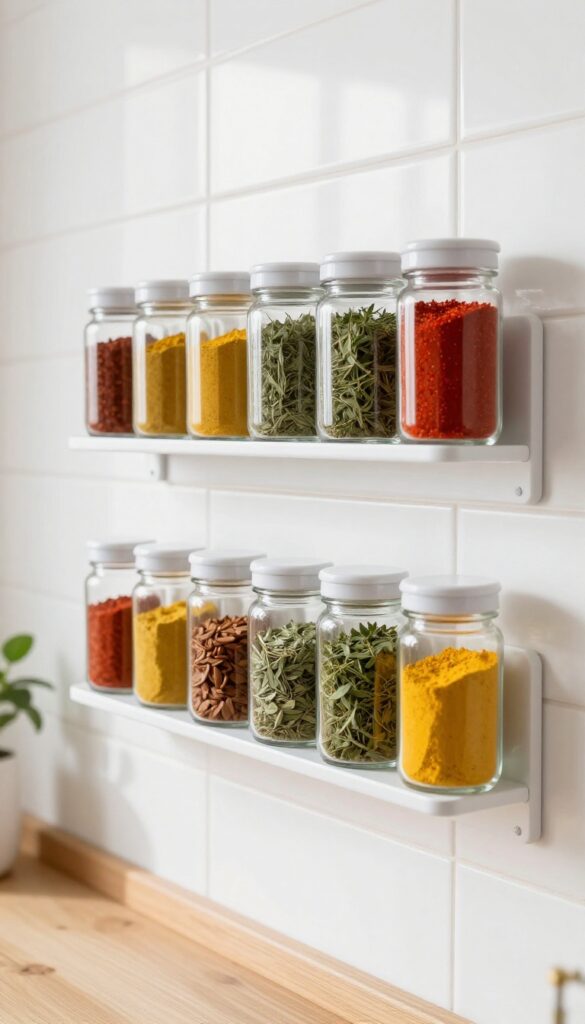 Wall-mounted spice rack with clear glass jars filled with colorful spices in a bright kitchen