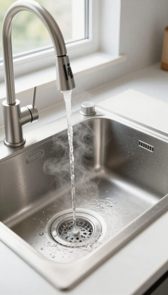 Pouring boiling water into a kitchen sink drain to clean garbage disposal grease buildup
