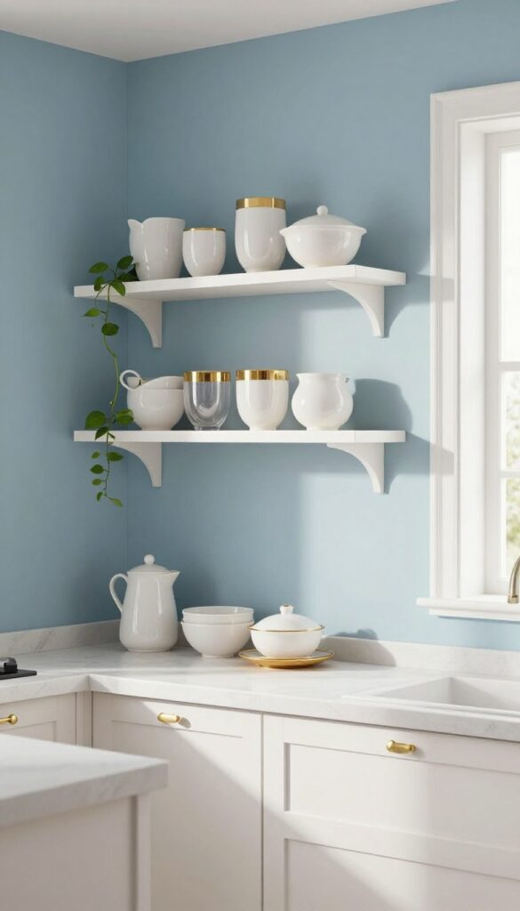 Blue accent wall behind open shelving in a light and airy kitchen with white ceramics and gold-rimmed glassware.