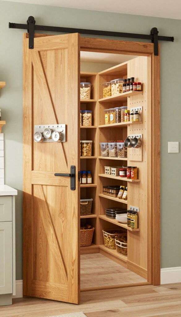 A warm and cozy kitchen with a sliding barn door hiding a well-organized pantry, featuring wood tones, black hardware, and natural light.