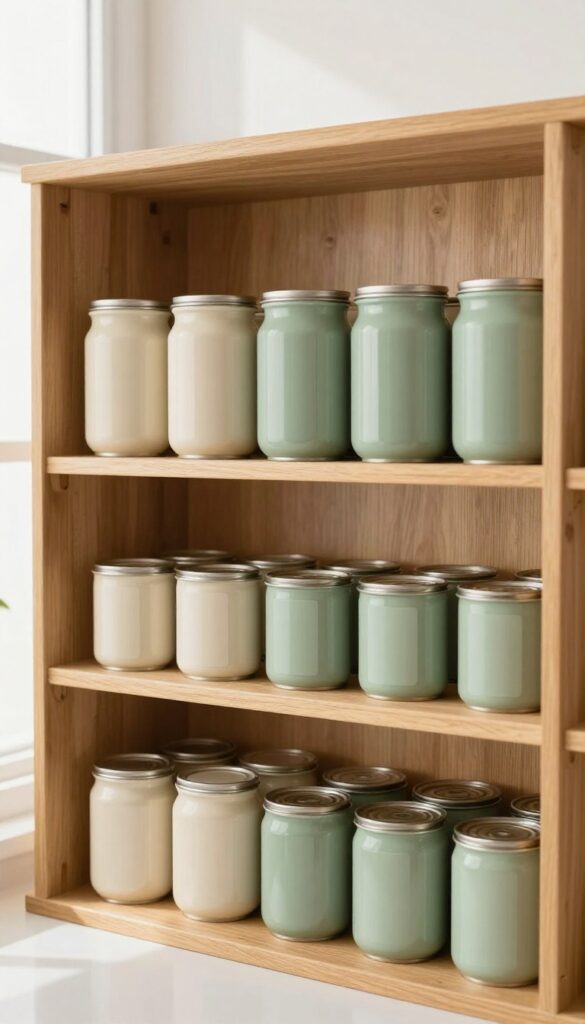 DIY wood risers in cream and sage green holding neatly organized cans in a bright pantry