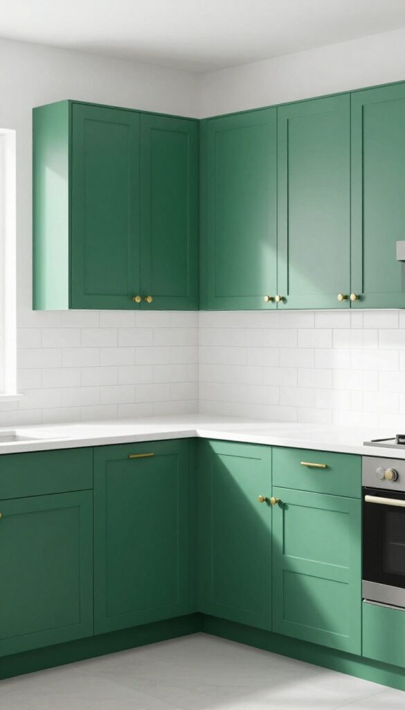Modern kitchen with emerald green lower cabinets and white upper cabinets, white quartz countertops, subway tile backsplash, and brushed brass hardware, bright natural light.