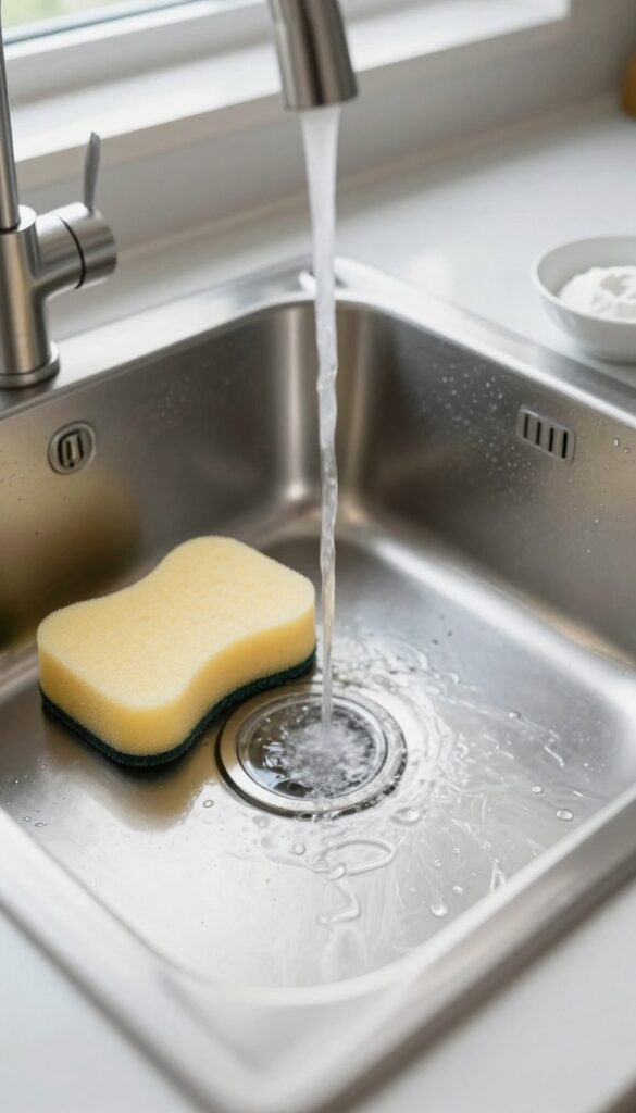 Stainless steel sink being cleaned with baking soda paste and sponge, bright natural light, no harsh chemicals.