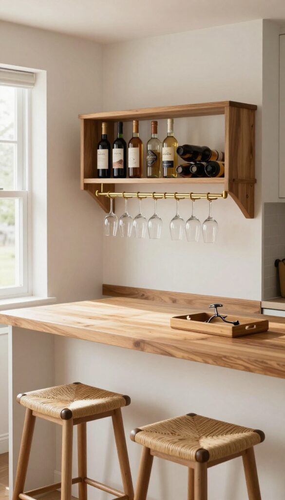 Kitchen peninsula with built-in wine rack and stemware holder under overhang, bar stools, natural light