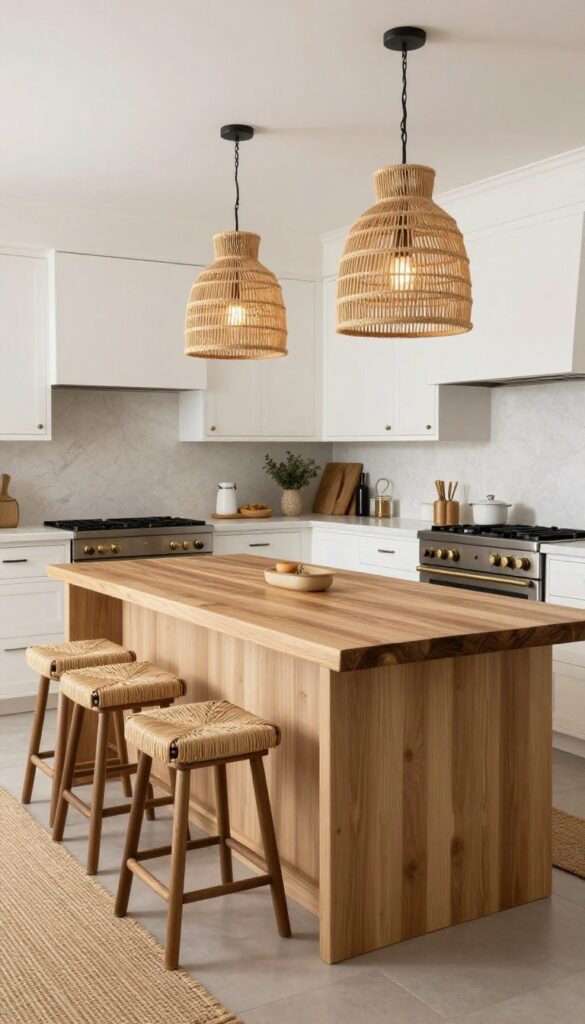 Light oak live-edge kitchen island with chunky design, creamy white base, rattan pendant lights, woven bar stools, and sisal rug in a bright, airy kitchen