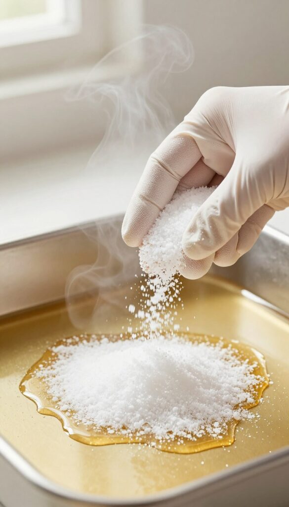 Sprinkling salt on a fresh spill inside a warm oven
