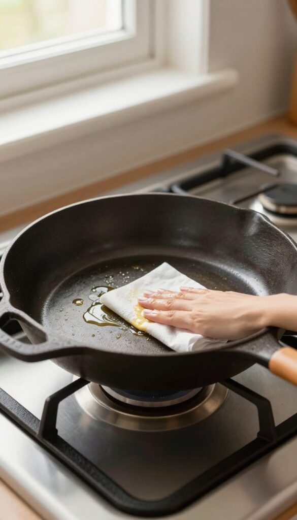 Re-seasoning a cast iron skillet on a stovetop with a paper towel and oil