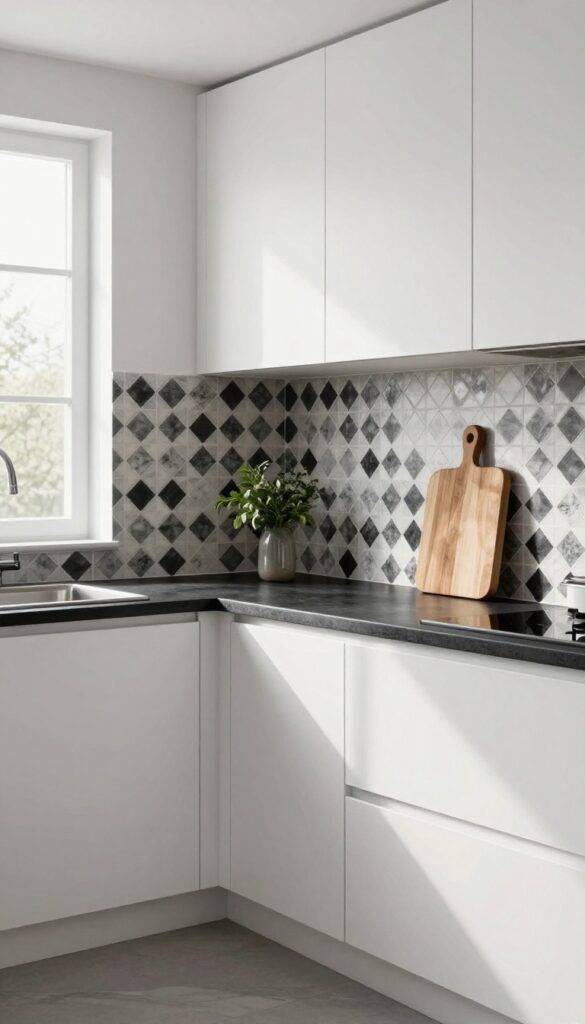Black and white kitchen with a patterned geometric tile backsplash, white cabinets, and black countertops, bathed in natural light.
