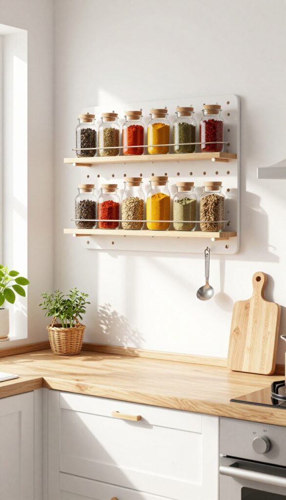 A white pegboard mounted on a kitchen wall holding glass spice jars and measuring spoons, with natural light and minimalist decor.