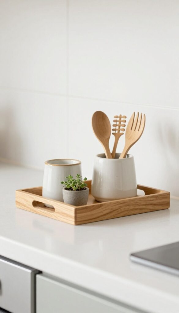 A wooden tray on a kitchen countertop holds a ceramic salt cellar, a small potted herb, and a utensil holder, creating an organized and warm look.
