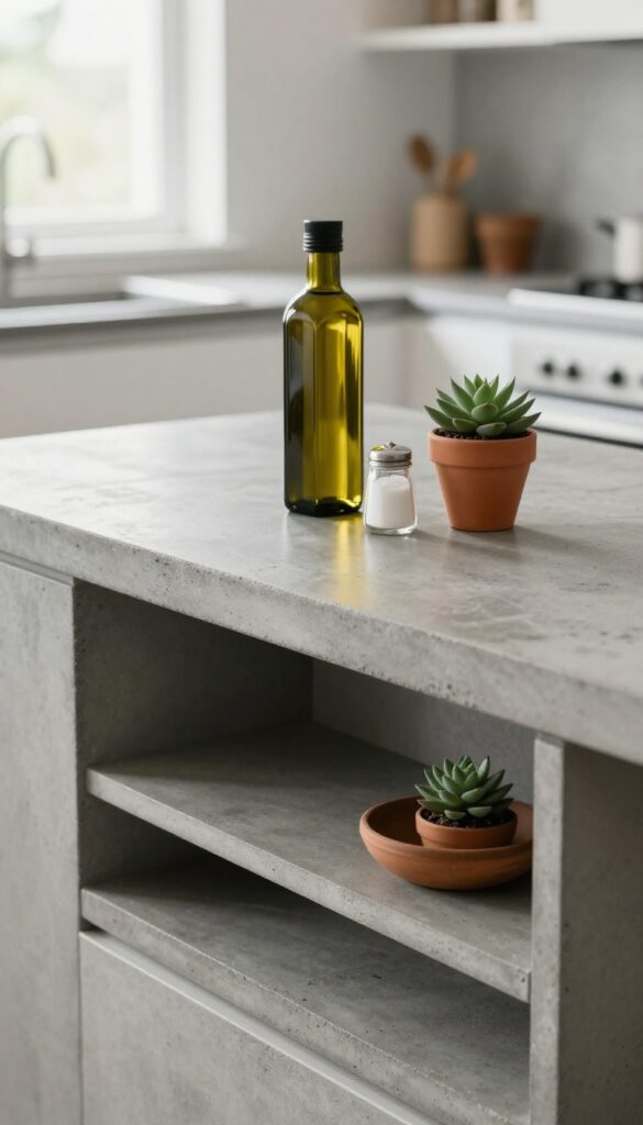 Concrete kitchen island countertop with embedded shelf nooks holding olive oil, salt, and a succulent, natural light.