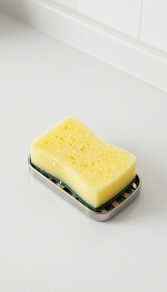 A wet sponge on a stainless steel sponge holder on a clean kitchen counter