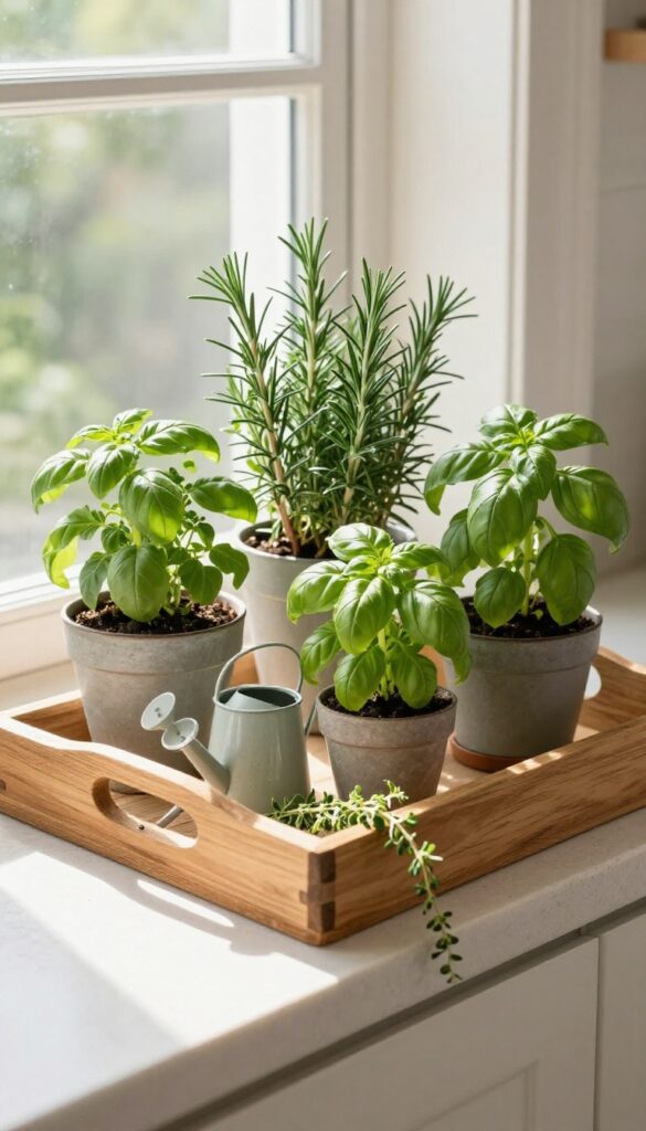 Wooden tray with potted herbs on a sunny kitchen windowsill, styled with snips and watering can.