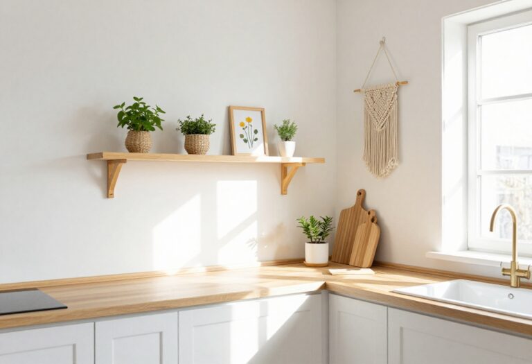 Bright kitchen with DIY wall decor including herb shelf, macrame hanging, and pressed flower art