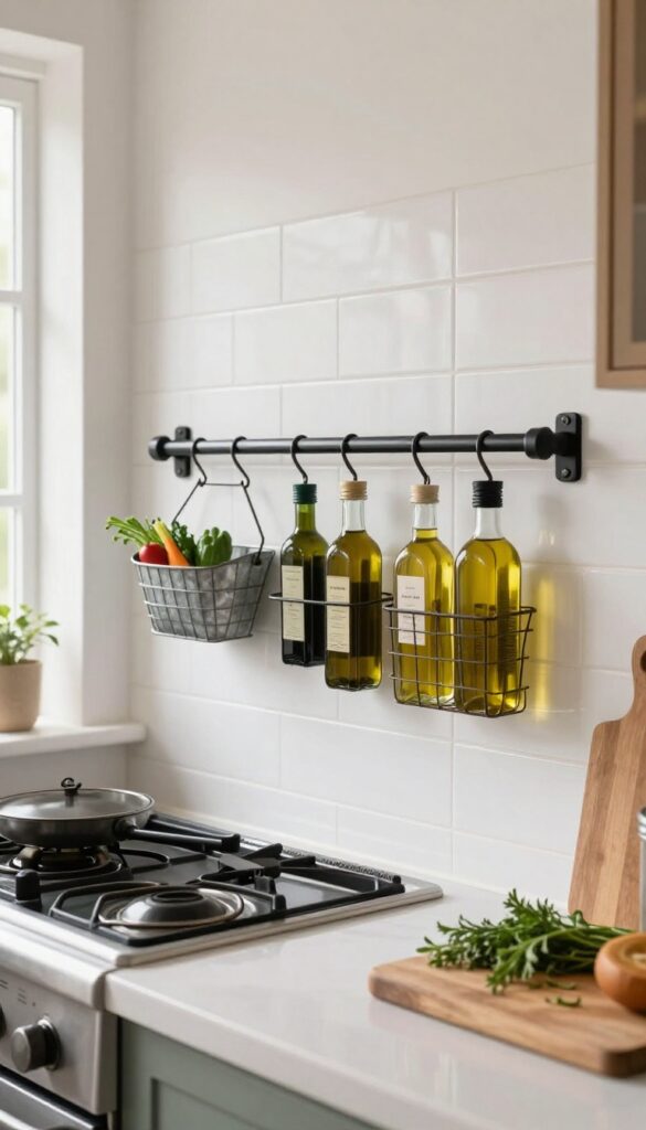 Wall-mounted rail with hooks and small baskets holding oil bottles near stove in bright kitchen