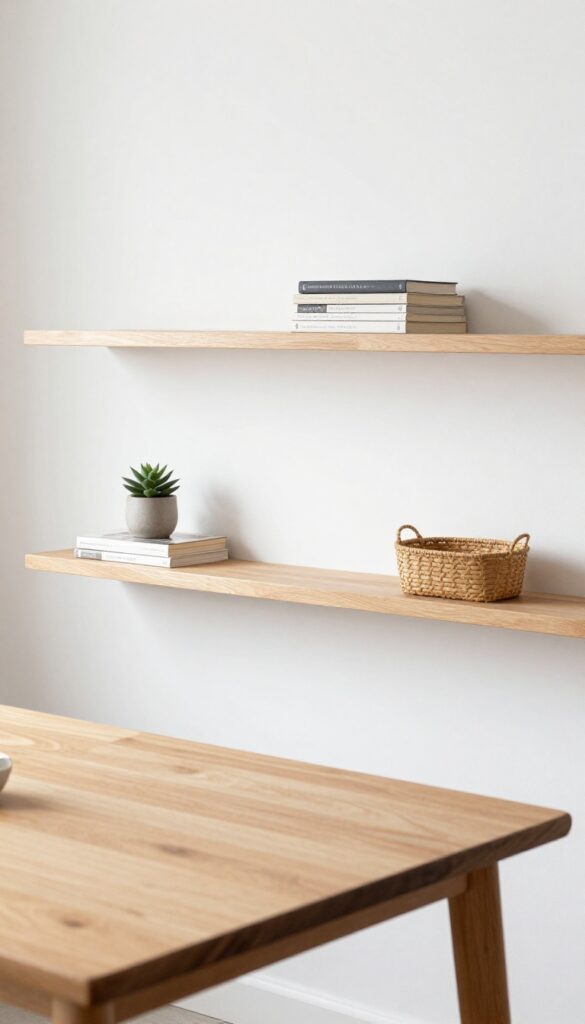 A narrow floating shelf above a kitchen table with cookbooks, a succulent, and a mail basket, keeping the table clear and organized.