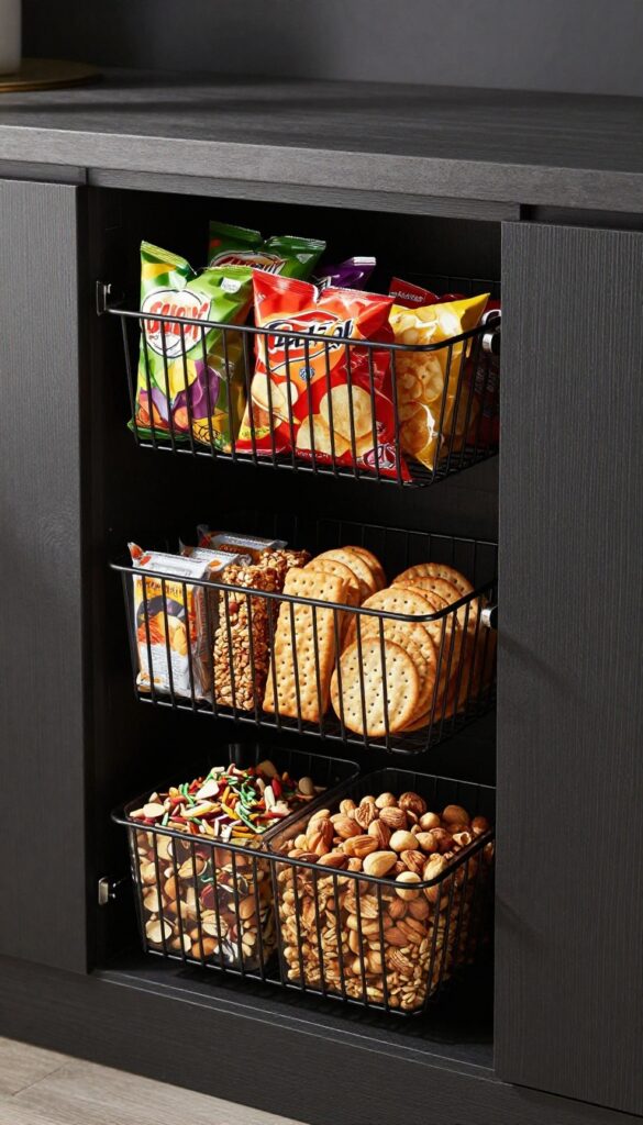 Black wire drawers in a dark pantry filled with organized snacks, natural lighting, photorealistic interior design.