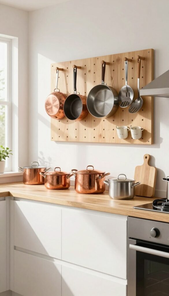 A pegboard mounted on a rental kitchen wall, holding pots, pans, and utensils in a bright, organized scene.