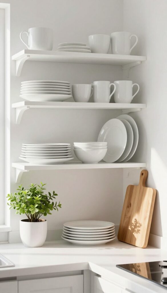 White ceramic plates, bowls, and mugs neatly stacked on open kitchen shelves, with a small plant and wooden cutting board, in bright natural light.