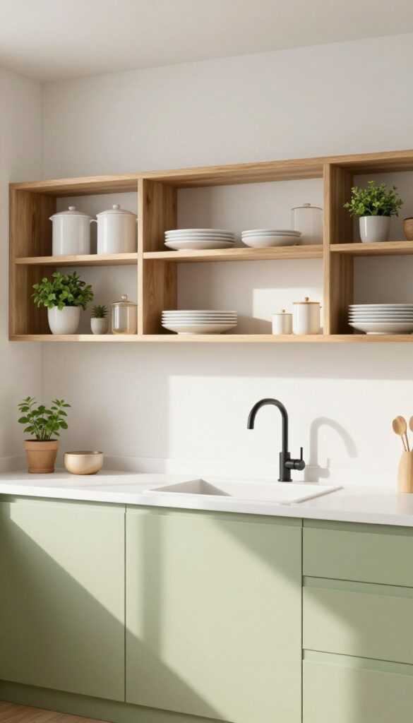 Pistachio green lower cabinets with open shelving, white dishes and plants, warm wood accents, bright natural light