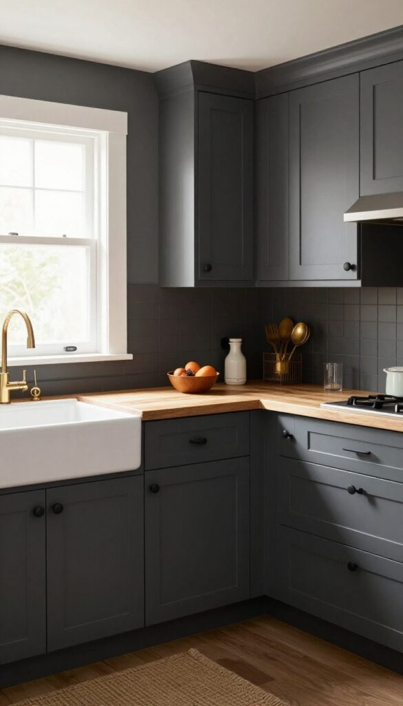 Charcoal grey kitchen walls with white trim and black hardware, natural wood accents, bright natural light.