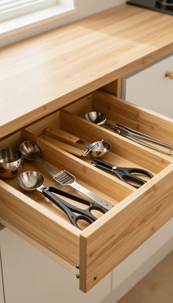 Organized kitchen drawer with bamboo dividers holding utensils and gadgets neatly separated.