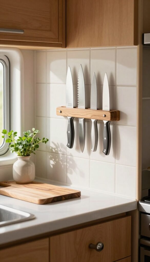 Close-up of a magnetic knife strip in a compact caravan kitchen with knives, cutting board, and herbs