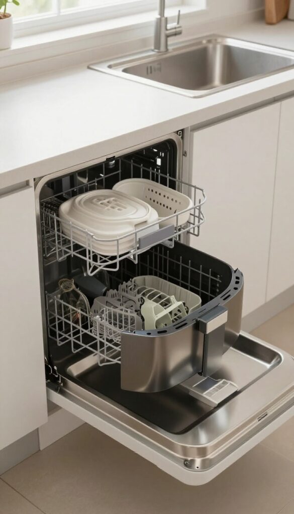 Air fryer basket and crisper plate on the top rack of a dishwasher, ready for cleaning.