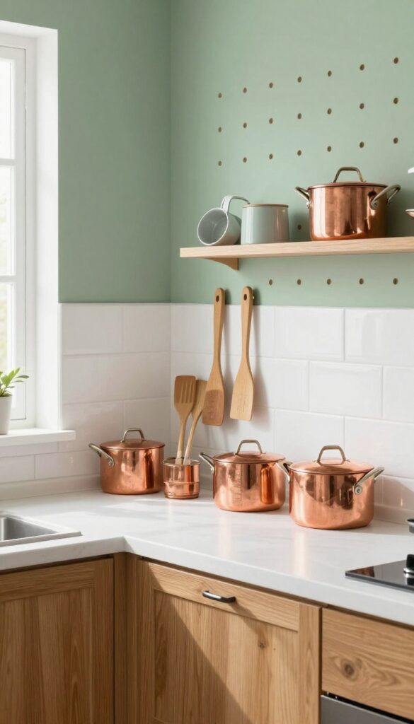 Small basement kitchen with sage green pegboard holding pots and utensils above counter