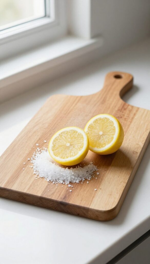 Wooden cutting board with salt and lemon for sanitizing