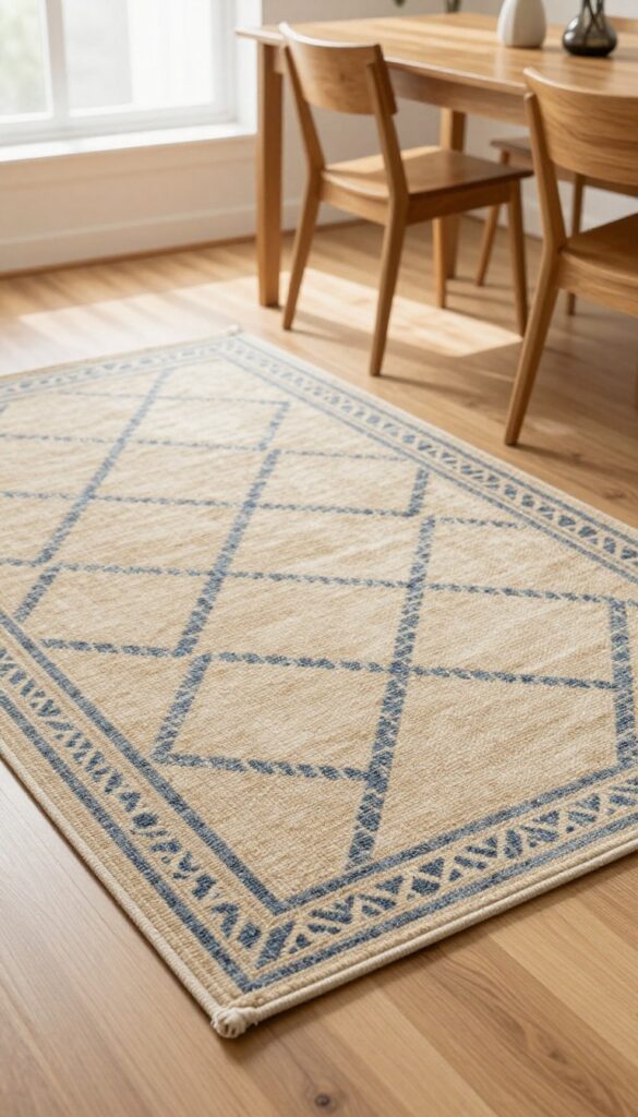 Low-pile flatweave rug under a small kitchen table with chairs, showing easy cleaning and space-saving design.