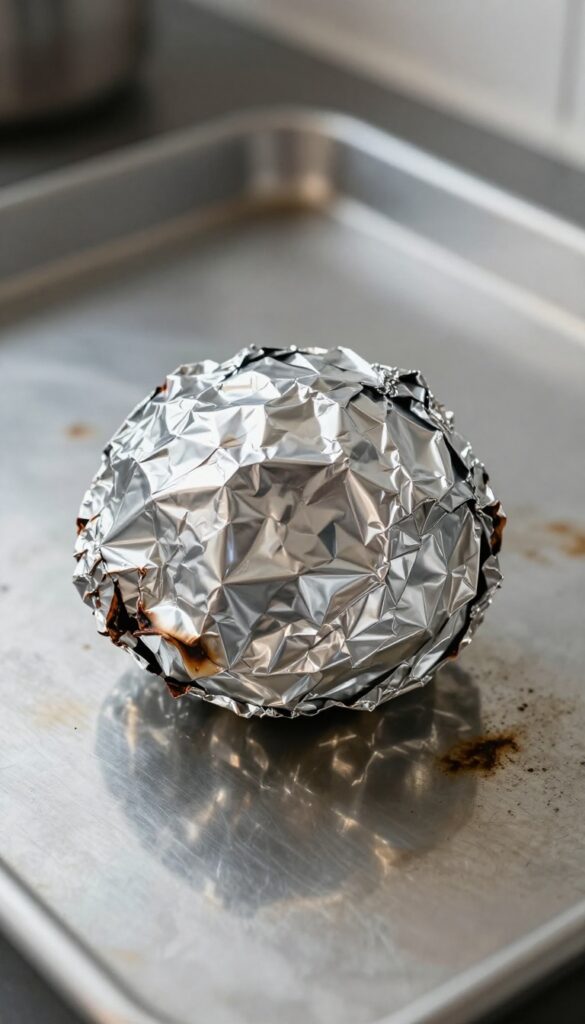 Aluminum foil ball on a burnt baking sheet for scrubbing