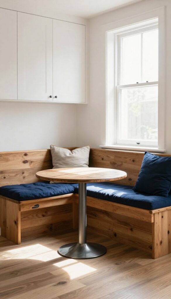 Cozy kitchen dining nook with repurposed wooden bench and small round table, styled with blue cushions and pillows.