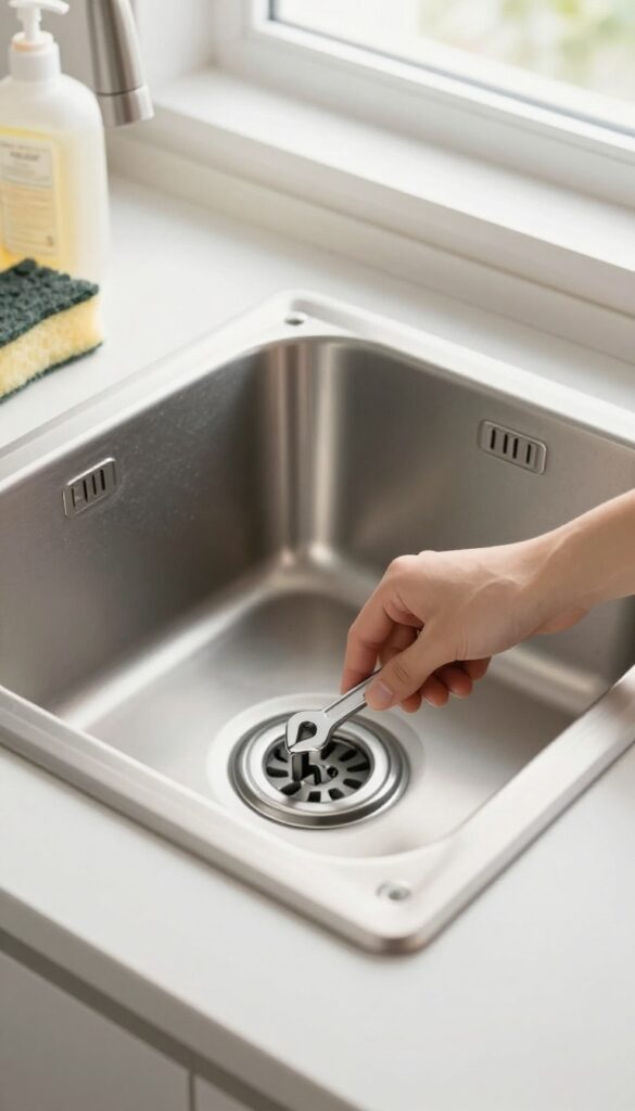 Hand inserting hex wrench into bottom of garbage disposal to reset after a jam
