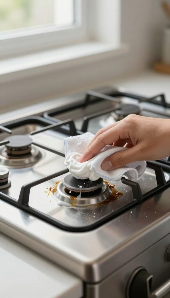 Baking soda paste applied to a greasy stovetop for cleaning