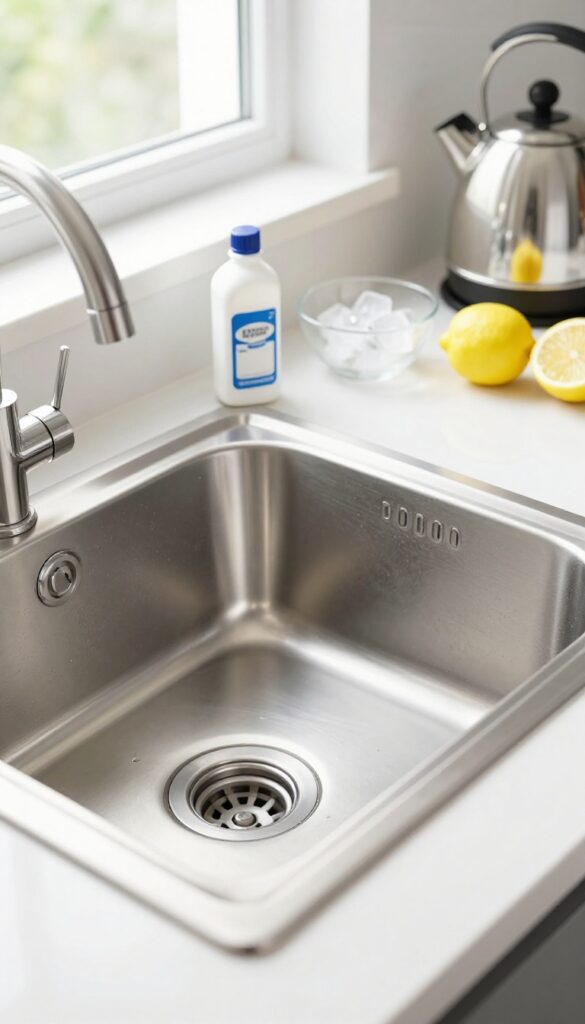 Kitchen sink with garbage disposal and cleaning supplies for monthly deep clean