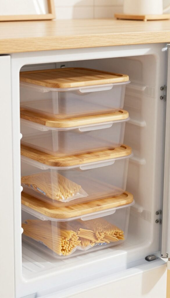 Stackable clear bins with bamboo lids organized above refrigerator in modern kitchen