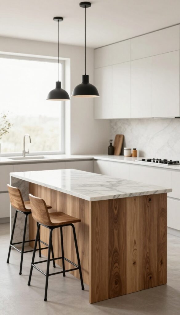 Modern kitchen island combining warm walnut wood base with Carrara marble top, bar stools, and pendant light in bright natural light