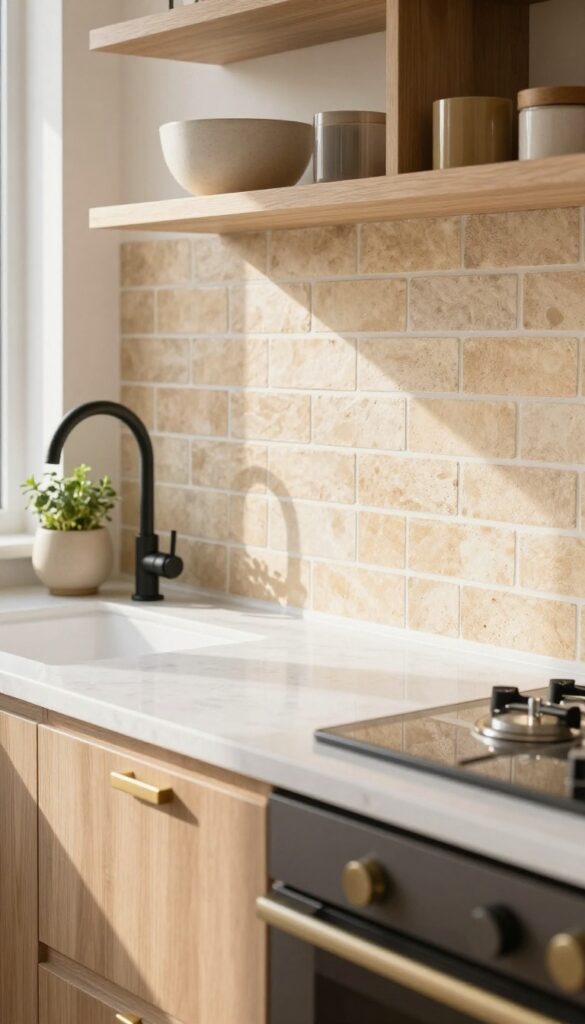Kitchen counter with white quartz and warm thin brick backsplash, modern cozy style